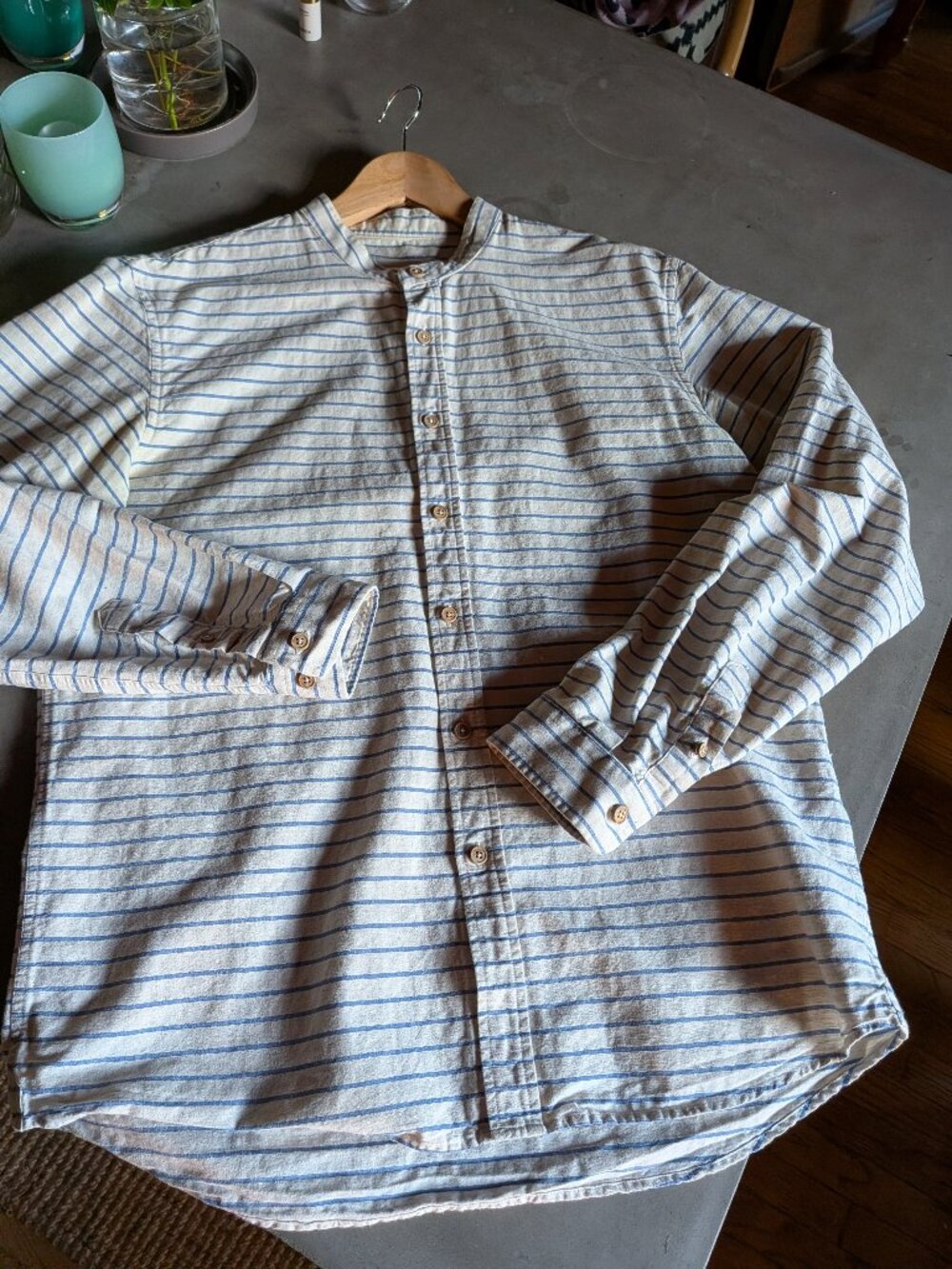 Octobre Éditions Striped Band Collar Button-Up Shirt - Size XL